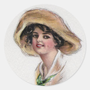 Gibson Girl in Hat and Green Tie Classic Round Sticker
