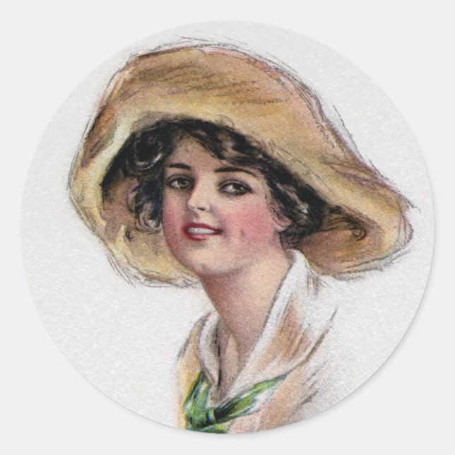 Gibson Girl in Hat and Green Tie Classic Round Sticker (Front)