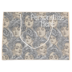 Gibson girl victorian pattern grey peach vintage large gift bag
