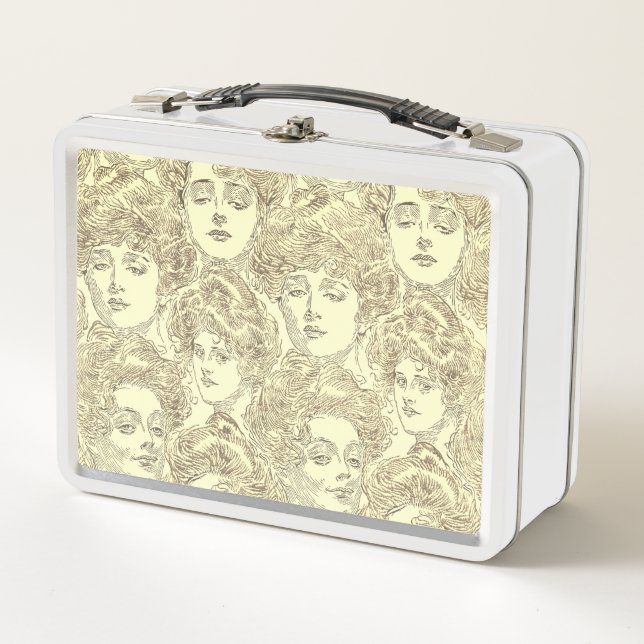 Gibson girl victorian pattern sepia gold brown  metal lunch box (Front)