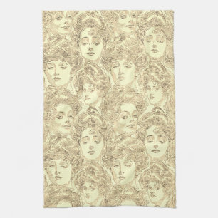 Gibson girls gold cream vintage victorian pattern tea towel