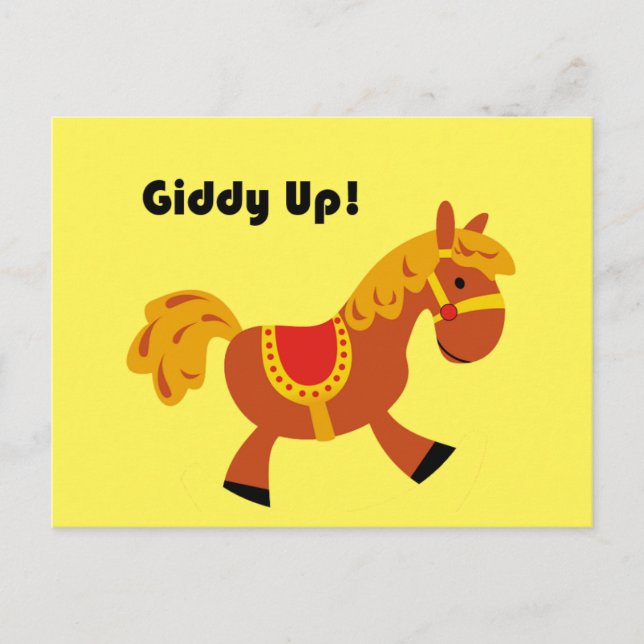 Giddy Up Brown Saddle Horse, Cute Kid’s Cartoon Postcard (Front)