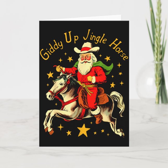 Giddy Up Jingle Horse Funny Retro Santa Cowboy Chr Card (Front)