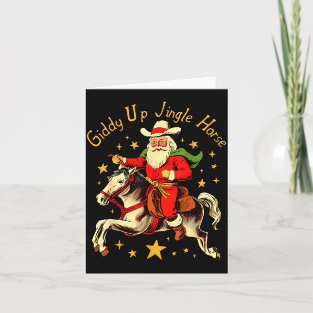 Giddy Up Jingle Horse Funny Retro Santa Cowboy Chr Card (Front)