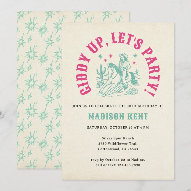 Giddy Up Let's Party Fun Modern Cowgirl Birthday Invitation (Front/Back)
