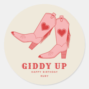 Giddy Up Pink Cowgirl Boots Birthday Classic Round Sticker