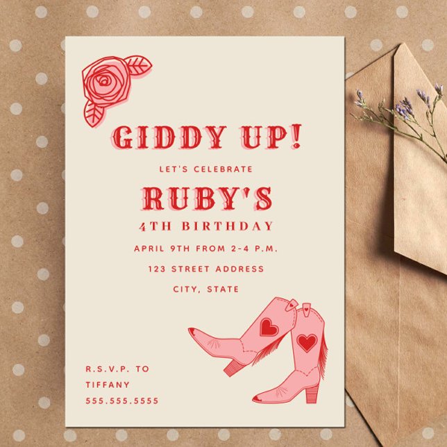 Giddy Up Pink Cowgirl Boots Rose Birthday Invitation (Creator Uploaded)