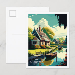 Giethoorn Netherlands vintage travel illustration Postcard