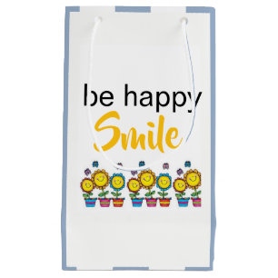 Gift Bag Be Happy Smile Sunflowers Stripe Blue