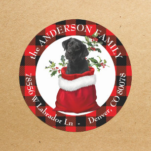 Gift Bag Black Lab Plaid Frame Return Address  Classic Round Sticker