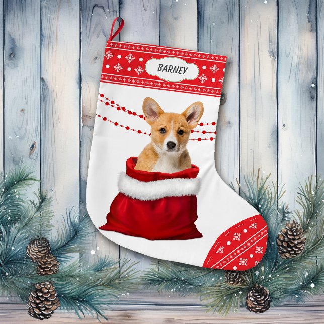 Gift Bag Corgi Puppy Dog Snowflake Border Large Christmas Stocking (Creator Uploaded)
