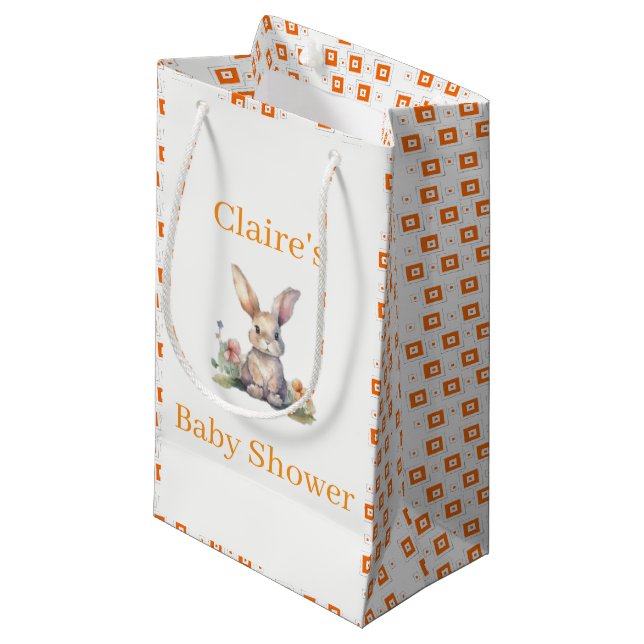 Gift Bag Cute Floral Rabbit Orange Squares (Front Angled)