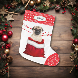 Gift Bag Cute Pug Dog Snowflake Border Large Christmas Stocking