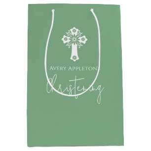 Gift Bag Floral Cross Christening Sage Green