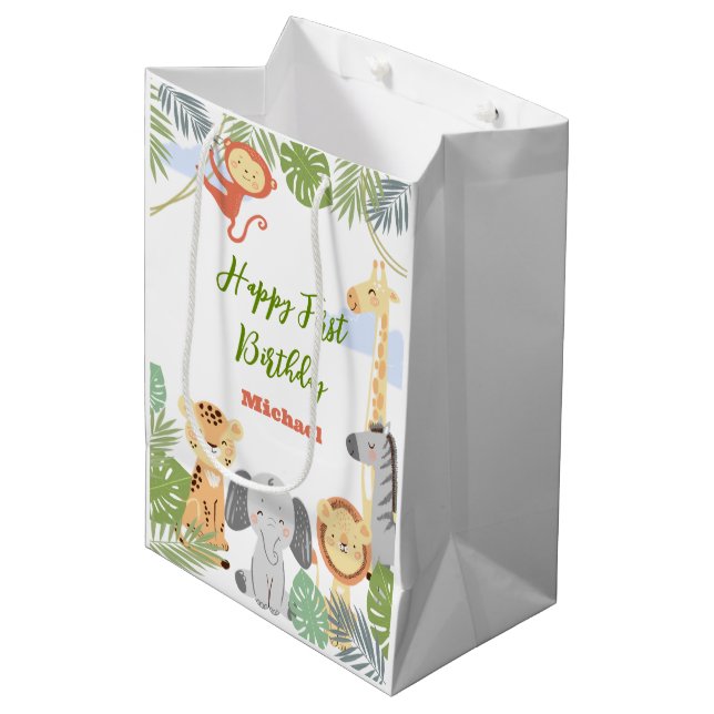 Gift Bag for the first birthday with cute animals. (Front Angled)