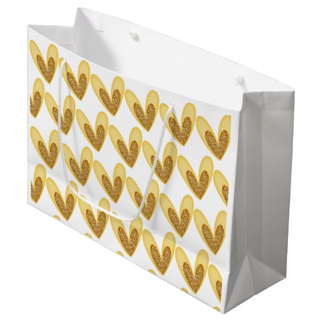 Gift Bag - Gold Yellow Glitter Hearts (Front Angled)
