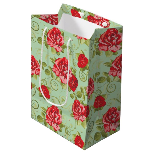 Gift Bag-Red Rose Print Medium Gift Bag (Front Angled)