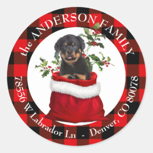 Gift Bag Rottweiler Pup Plaid Frame Return Address Classic Round Sticker