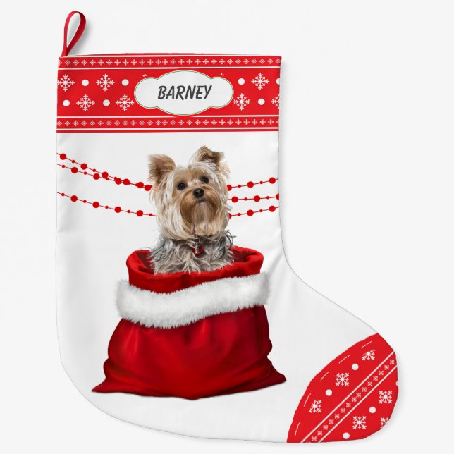 Gift Bag Yorkshire Terrier Dog Snowflake Border Large Christmas Stocking (Front)