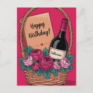 Gift Basket with Wine, Roses, and Custom Name Postcard