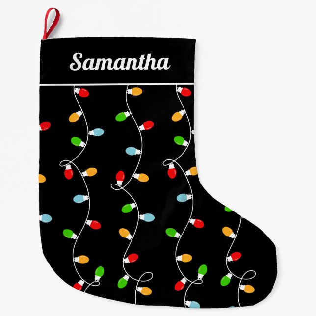 Gift Black Christmas Lights Large Christmas Stocking (Front)