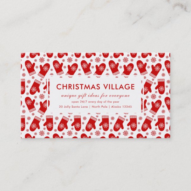 Gift Boutique Red Mittens Ski or Christmas Village Business Card (Front)