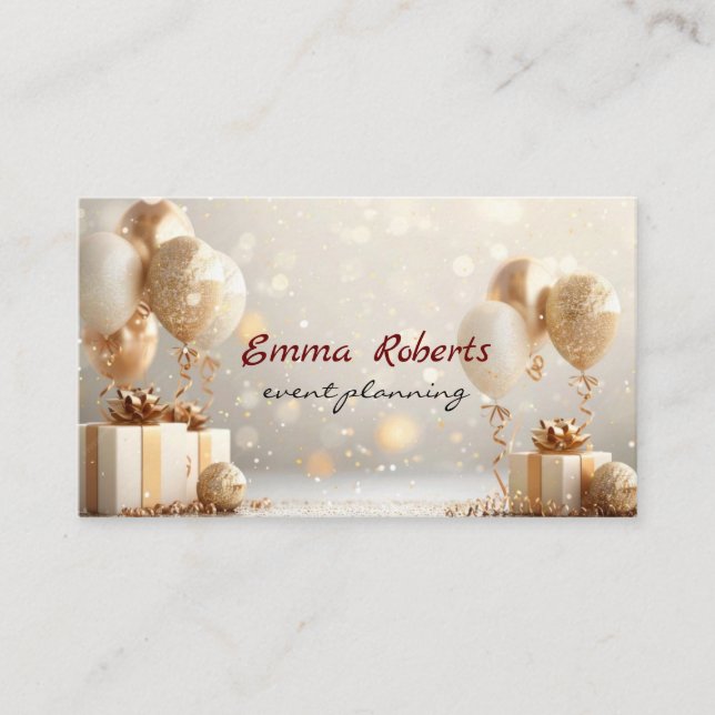 Gift box gold balloons and confetti business card (Front)