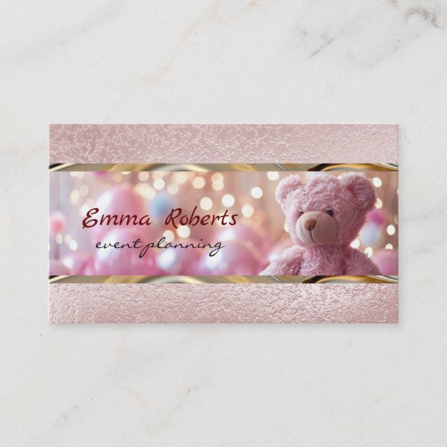 Gift box gold balloons confetti Cute plush teddy Business Card (Front)