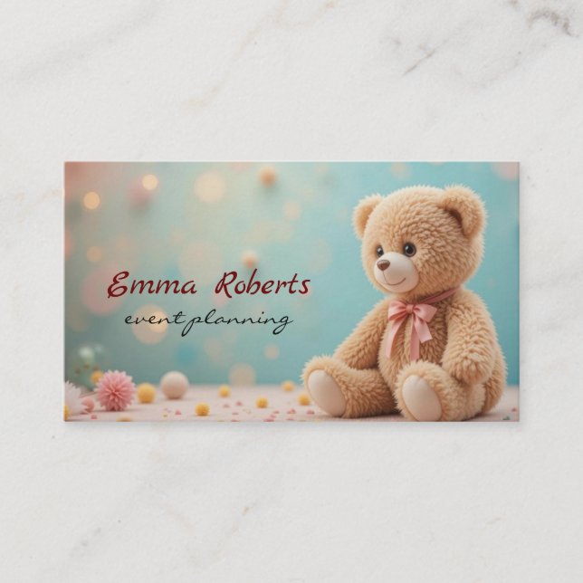 Gift box gold balloons confetti Cute plush teddy Business Card (Front)