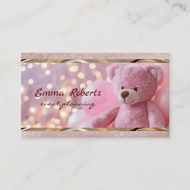 Gift box gold balloons confetti Cute plush teddy Business Card (Front)