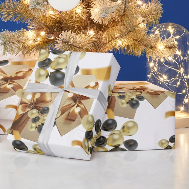 Gift Box Gold & Black Balloon Matte Wrapping Paper (Holidays)