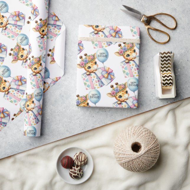 Gift box with baby giraffe surprise happy birthday wrapping paper (Crafts)