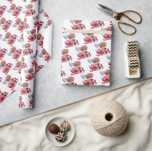 Gift box with surprise red fox with balloon b-day wrapping paper