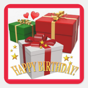 Gift Boxes and Hearts Happy Birthday Square Sticker