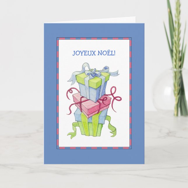 Gift Boxes blue French Christmas Card (Front)