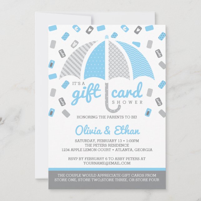 Gift Card Baby Shower Invitation, Baby Blue, Grey (Front)