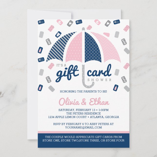 Gift Card Baby Shower Invitation, Navy, Pink (Front)