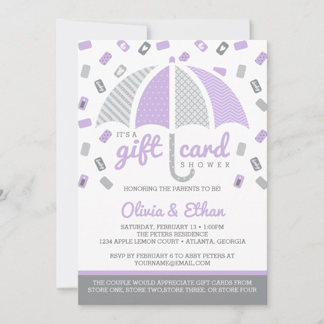 Gift Card Baby Shower Invitation, Purple, Grey (Front)