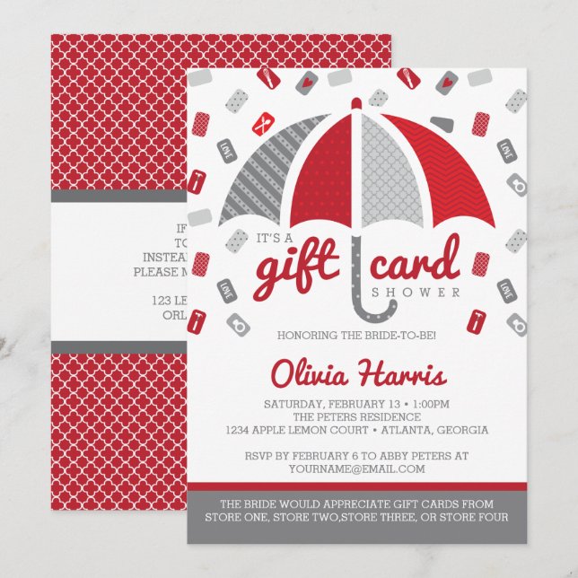 Gift Card Bridal Shower Invitation, Red, Grey (Front/Back)