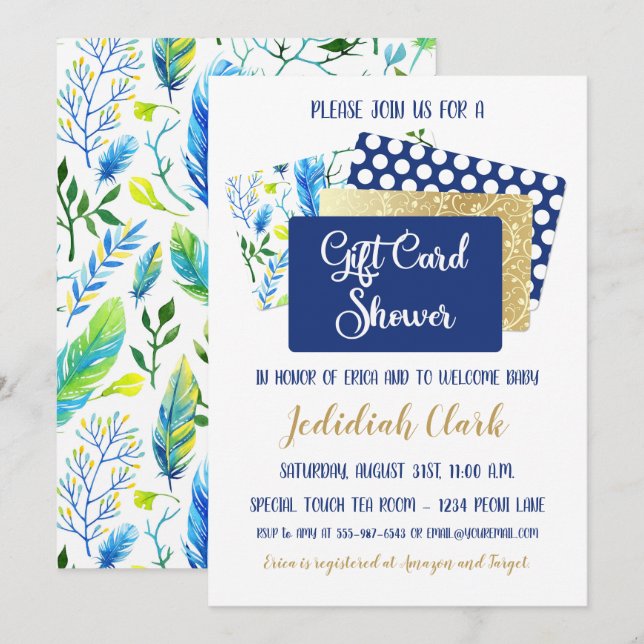 Gift Card Shower Blue and Gold Feathers (Front/Back)