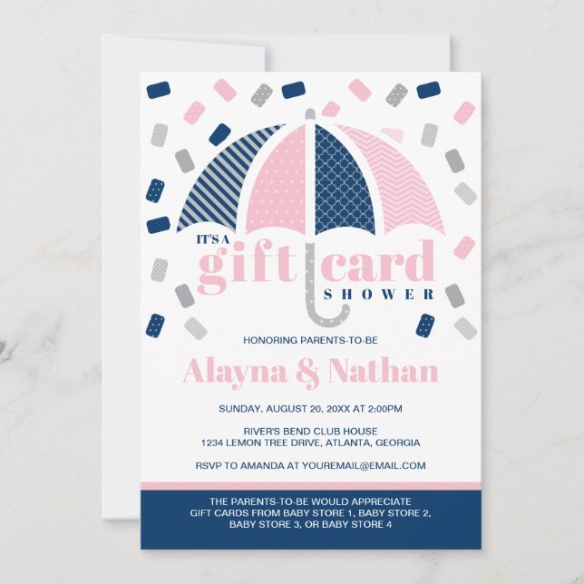 Gift Card Shower Invitation in Blue and Pink (Front)