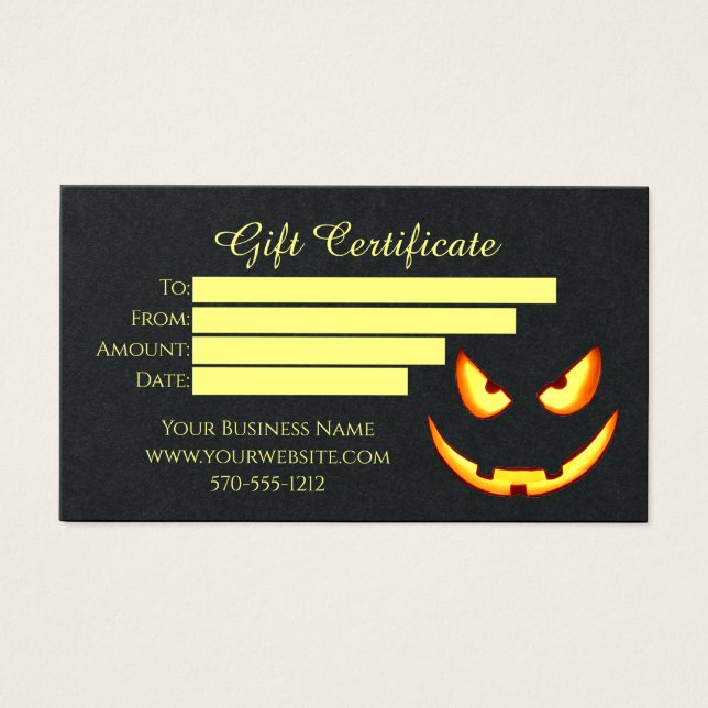Gift Certificate - black paper with Spooky Pumpkin (Front)