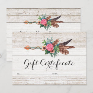 Gift Certificate Bohemian Feather Arrow Rose Card
