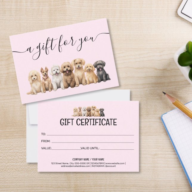 Gift Certificate Dog Grooming Pet Sitting Vet (cute watercolor dogs puppies on the blush pink background, gift certificate for groomers pet sitting)