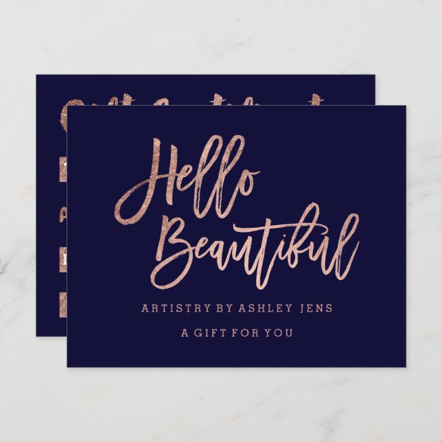Gift certificate faux chic rose gold hello navy bl invitation (Front/Back)