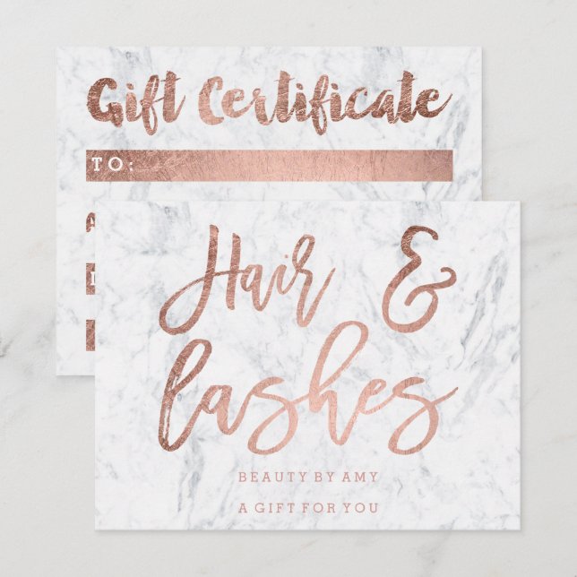 Gift certificate hair lashes rose gold marble invitation (Front/Back)
