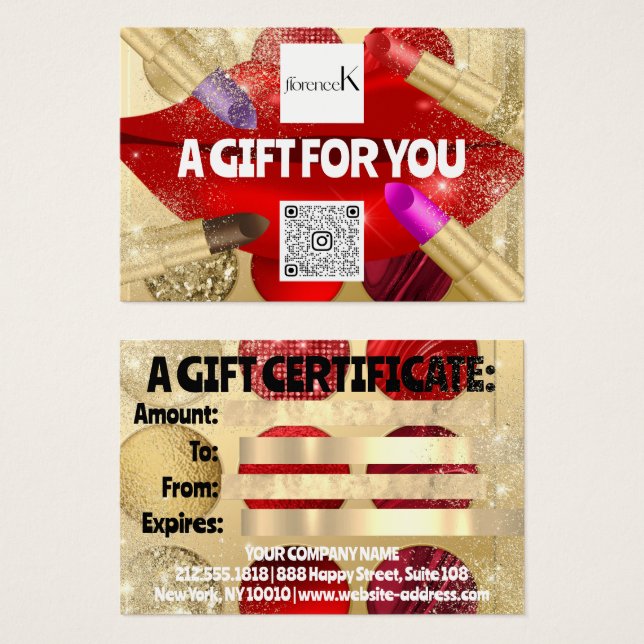 Gift Certificate Lash Makeup Logo QR Red Lips (Front & Back)