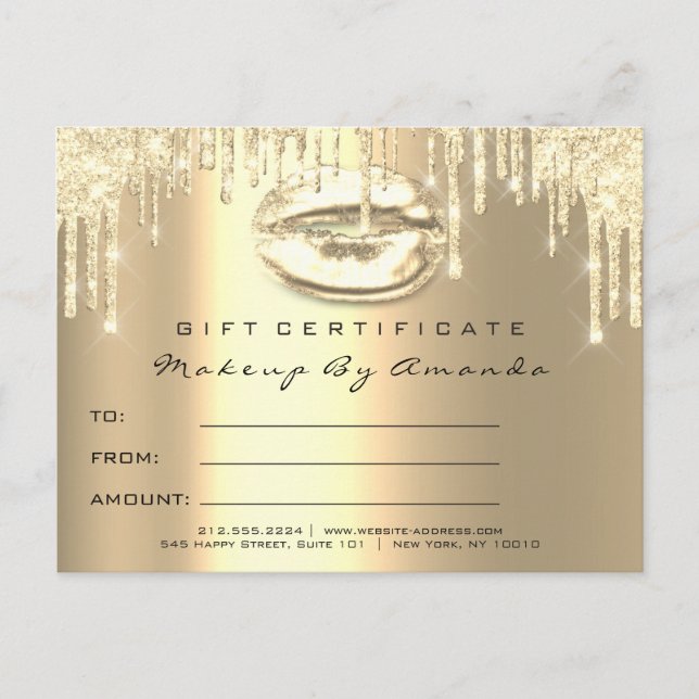 Gift Certificate Lashes Kiss LIps Makeup Gold Postcard (Front)