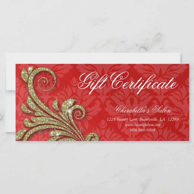 Gift Certificate Xmas Salon Glitter Swirl Red Gold (Front)