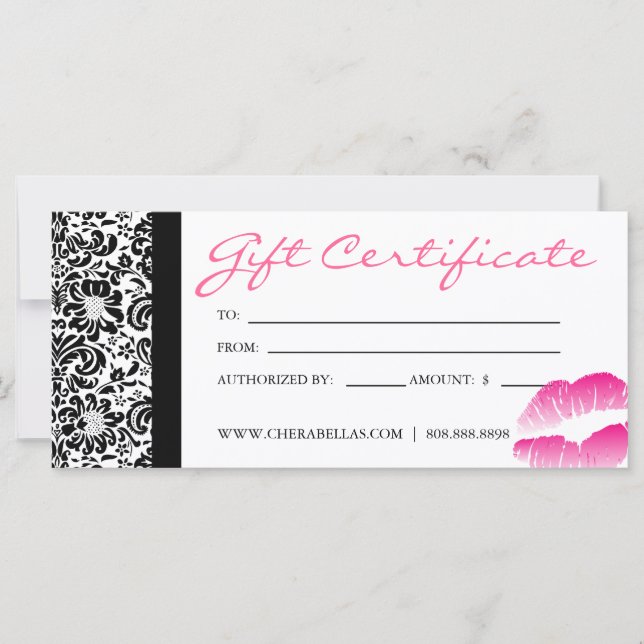 Gift Certificates Salon Spa Pink Damask Frame Lips (Front)